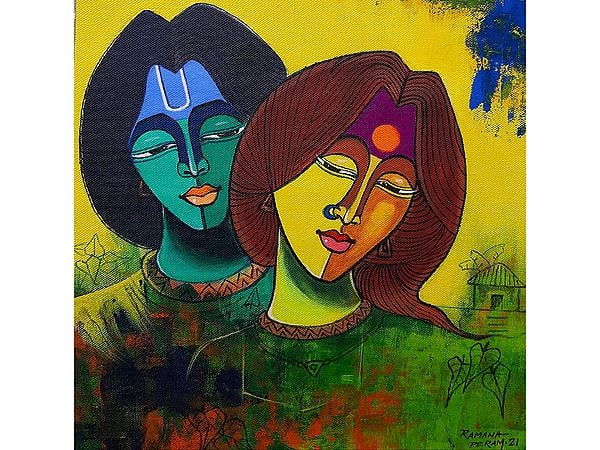 Radha Krishna Acrylic Painting on Canvas | Art by Ramana Peram