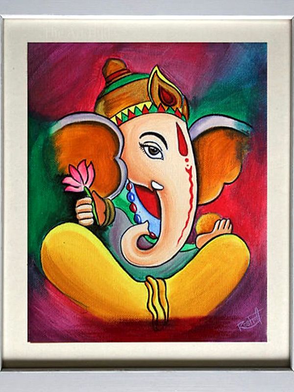 Large Ears Ganesha with Lotus | Acrylic on Canvas | Roshni Jashnani