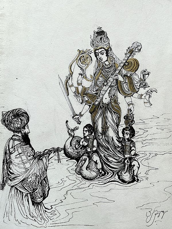 Devotee Praying Goddess Saraswati on Swan | Ink Sketch | Anuj Shastrakar