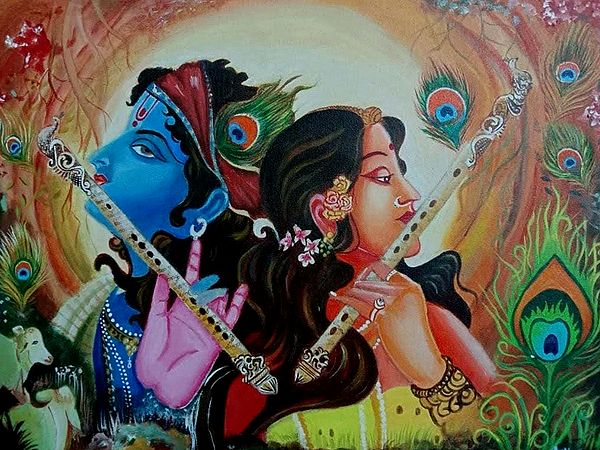 Radha Krishan Playing Flute Together | Acrylic Color Painting On Canvas Sheet | Annu Rohilla