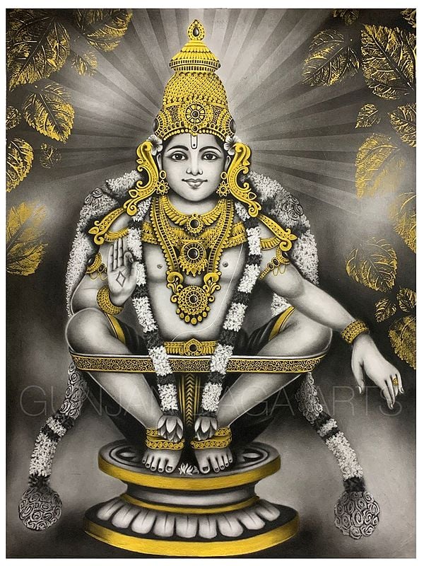 Lord Ayyappan Giving Blessing | Gold and Charcoal Painting | Gunjan Daga
