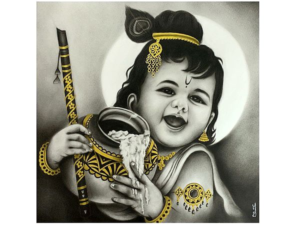 Butter Krishna | Gold and Charcoal Painting | Gunjan Daga