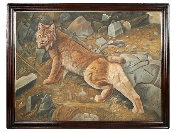 41" Wild Cat Painting with Vintage Wooden Frame | Wall Hanging
