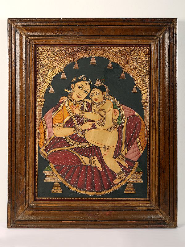 32" Framed Bal Krishna with Maa Yashodha (Vintage) | Tanjore Style Painting