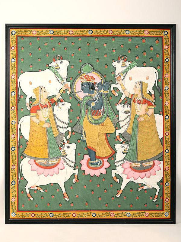 48" Framed Shrinathji with Gopis Pichhwai Painting