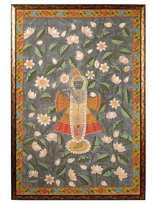 75" Large Shrinathji Pichhwai Painting (Vintage) with Wooden Frame