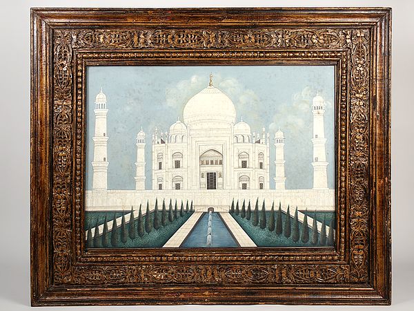 Huge Taj Mahal Painting Framed in Vintage Teak Frame