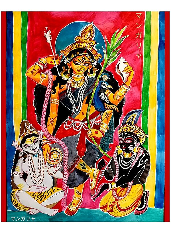 Goddess Durga Blessing Shiva and Krishna | Water Colour on Paper | Mangaly Ghosh