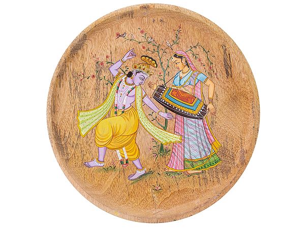 Radha and Krishna Dancing Pichwai Painting on Mango Wooden Plate | Arvind Kumar Sharma