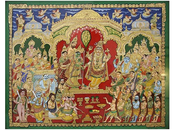 Girija Kalyanam (Shiva And Parvati) | Gold Foil Work | Mysore Painting | With Frame