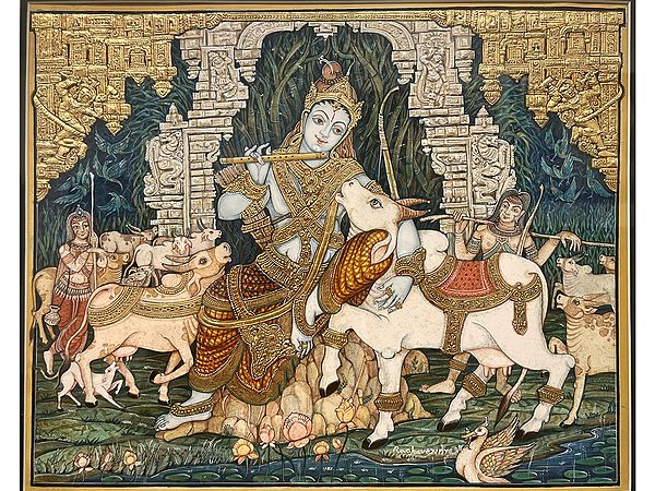 Krishna With Surabhi Cows | Gold Foil Work | Mysore Painting | With Frame