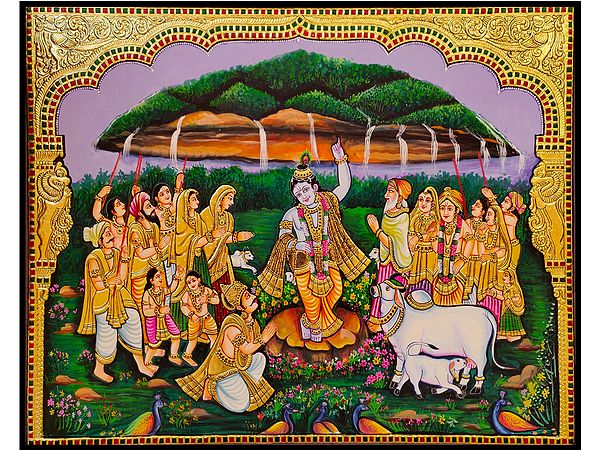 Lord Krishna Lifting Govardhana Hill | Tanjore Painting by My Angadi