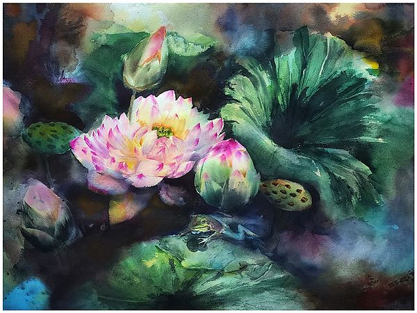 Painting of Auspicious Lotus | Watercolor on Paper | Puja Kumar