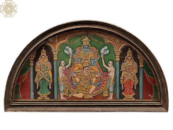 Lord Vishnu Seated on Garuda | Semicircle Shape Tanjore Painting | With Vintage Teakwood Frame