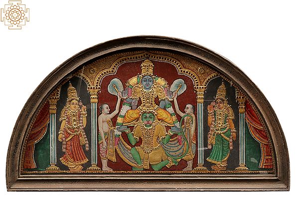 Bhakt Hanuman Holding Lord Vishnu | Semicircle Shape Tanjore Painting with Vintage Teakwood Frame
