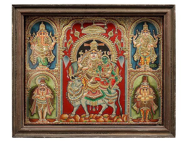 Pradosha Moorthy (Shiva Parvati) | Tanjore Painting | With Vintage Teakwood Frame