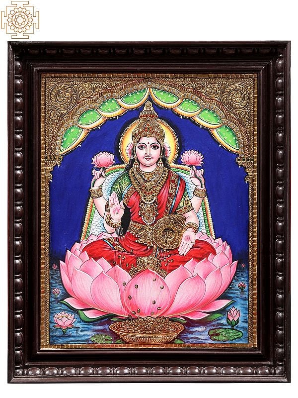 Goddess Lakshmi Seated on Lotus | Tanjore Painting | With Frame