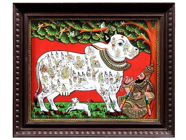 Kamadhenu Cow Painting in Tanjore Style Worshipped by Vashishtha Muni | With Frame