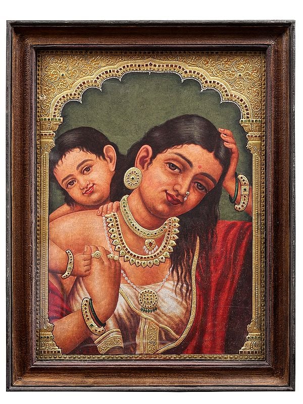 Mother With Child Tanjore Painting | With Vintage Teakwood Frame