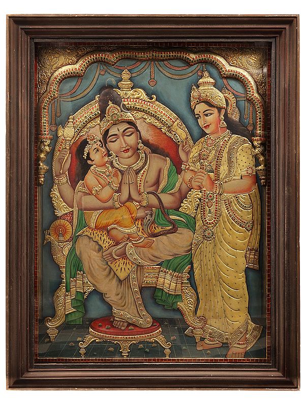 Shiva Parvati with Karttikeya | Tanjore Painting | With Vintage Teakwood Frame