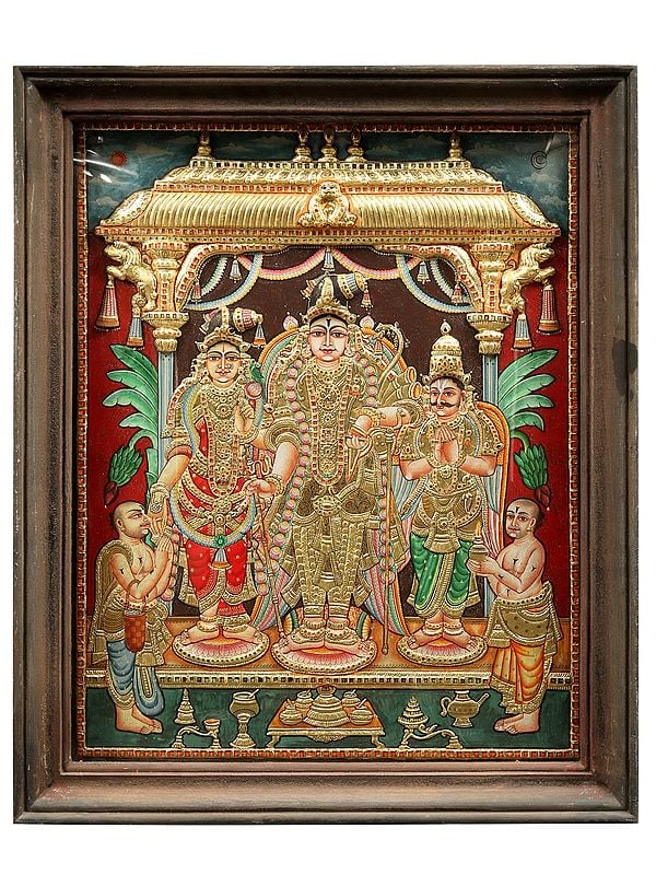 Andal with Rangamannar Swami (Sri Ranganatha) | Embossed Tanjore Painting | With Vintage Teakwood Frame