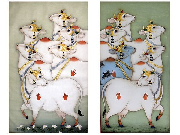 Krishna's Cows Kamdhenu (Set of 2 Panels) | Watercolor Art | By Shammi Bannu Sharma