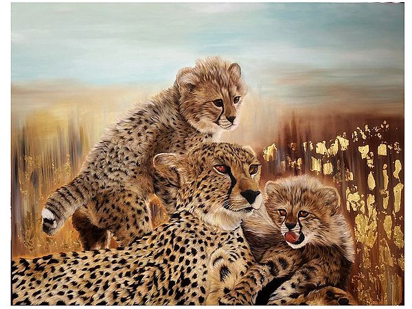 Motherhood - Mother Leopard with Cubs | Painting by Zoya