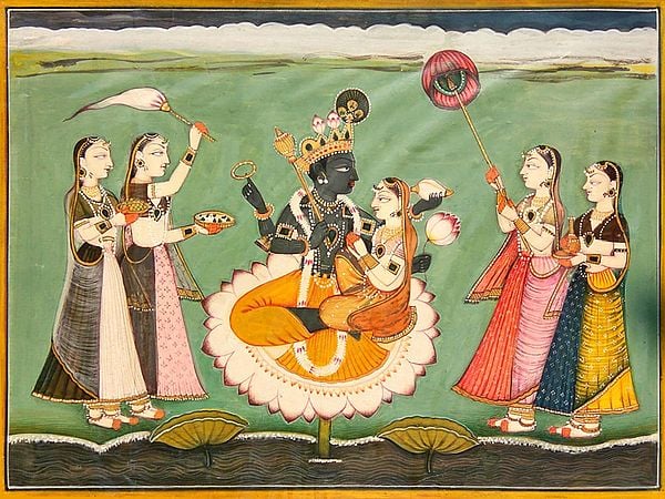 Vishnu Lakshmi on Lotus | Watercolor Painting by Gaurav Rajput