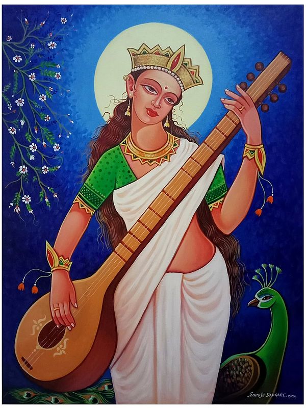 Maa Saraswati Playing Sitar | Acrylic on Canvas | By Santosh Narayan Dangare