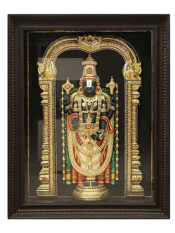 45" Lord Venkateshwara Gold Leaf Tanjore Painting with Frame | Art by Akila Arts
