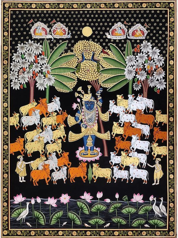 Shrinathji With Cows (Dark Theme) | Natural Color On Cloth | By Praveen Munot