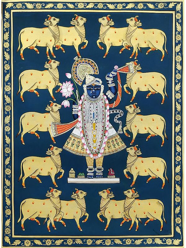 Standing Shrinathji With Cows | Natural Color On Cloth | By Praveen Munot