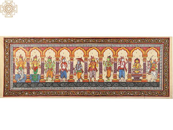 Ten Incarnations of Lord Vishnu (Dashavatara) Patachitra Painting | Natural Color Painting on Tussar Silk
