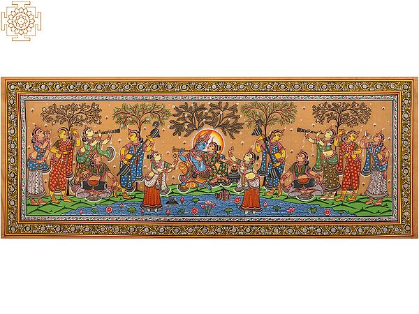Lord Krishna Rasalila Patachitra Painting | Natural Color Painting on Tussar Silk