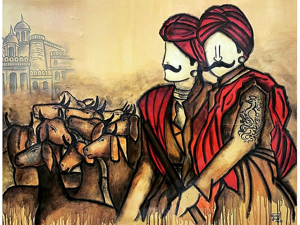 Shepards with Goats | Acrylic And Wax on Canvas | By Mrinal Dutt