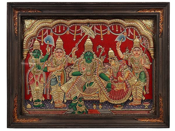 Shri Ram Darbar Tanjore Painting with Vintage Teakwood Frame | 22 Karat Gold Embossed Work