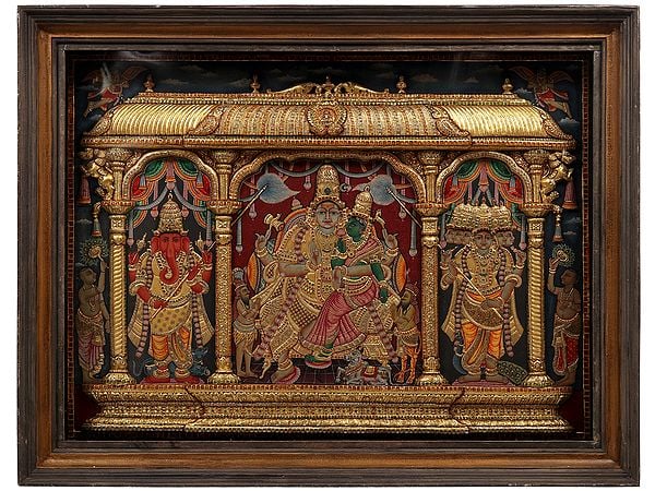 Lord Shiva Family | 22 Karat Gold Embossed Work | Tanjore Painting with Vintage Teakwood Frame