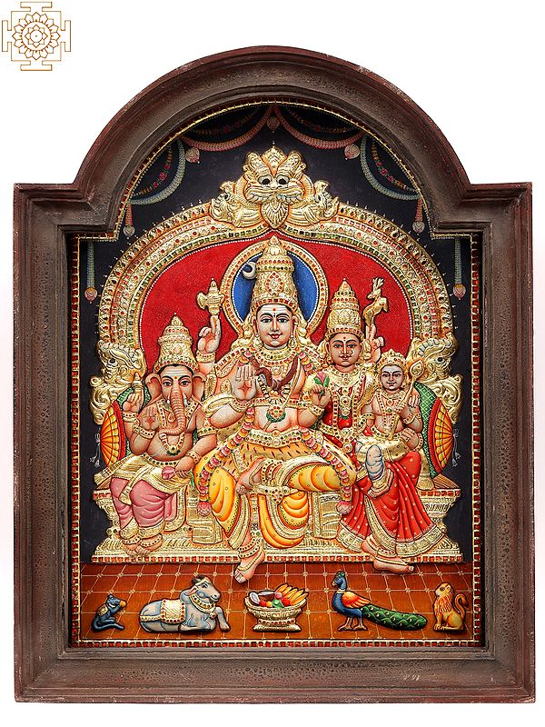 Shiva Parivar Seated on Kirtimukha Throne | 22 Karat Gold Embossed Work | Arch Shape Teakwood Frame