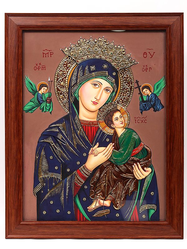 Mother Mary with Jesus | Framed Tanjore Painting | 22 Karat Gold Work