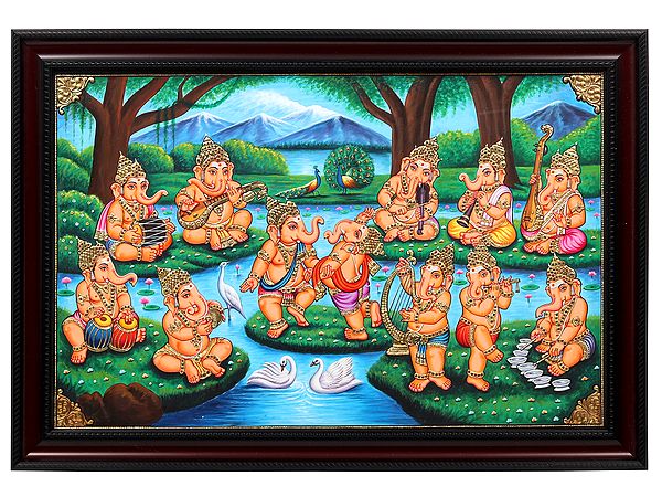 Musical Ganeshas Tanjore Painting | 22 Karat Gold Work | With Frame