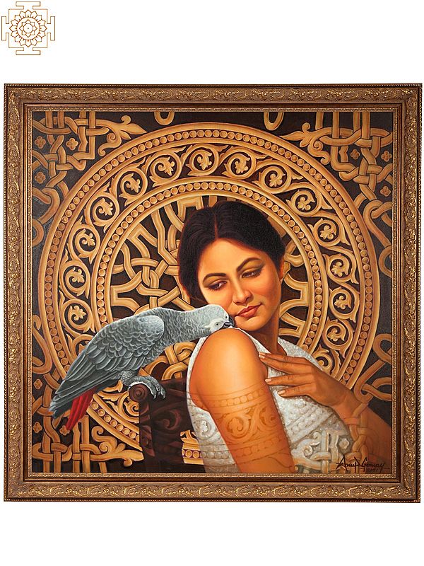 Beauty and Grey Parrot | Oil Painting on Canvas with Frame