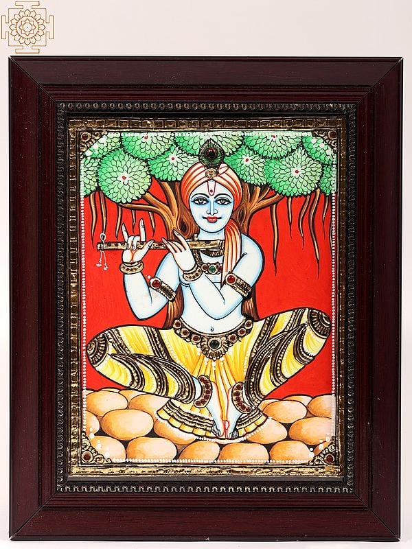 Fluting Krishna Framed Tanjore Painting