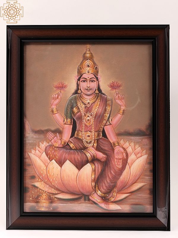 Devi Lakshmi Seated on Lotus | Framed Oil Painting