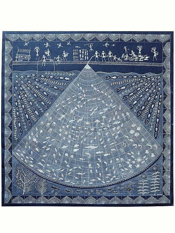 The Fishnet Warli Art by Hema Minakshi | Acrylic on Handmade Paper