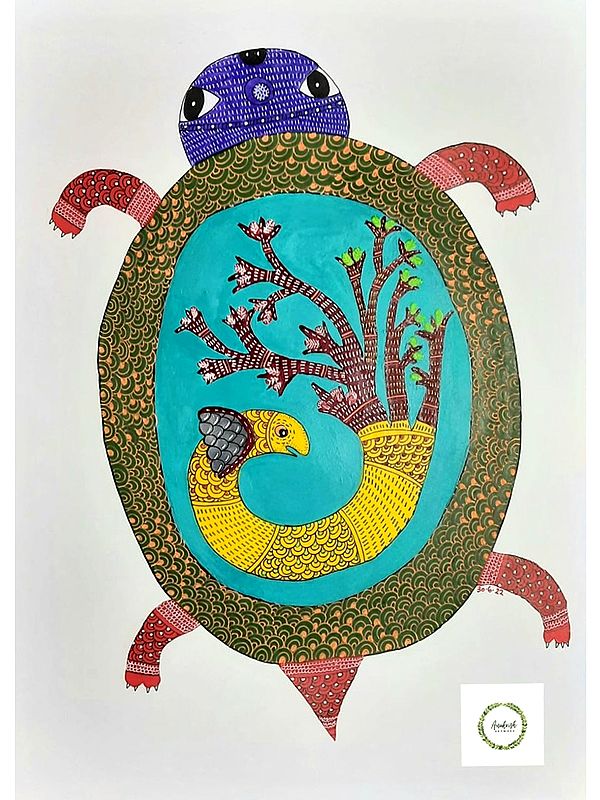 Goodluck Tortoise - Gond Art | Watercolor on Paper | By Chetansi