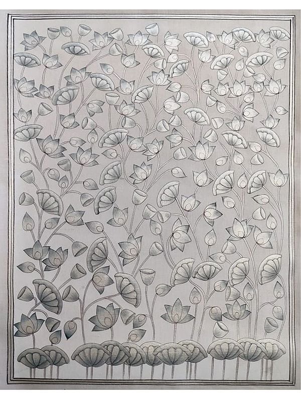 Silver Lotus Pichwai Art | Natural Color on Cotton Cloth | By Jagriti Bhardwaj
