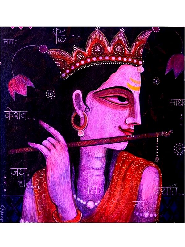 Fluting Krishna | Tempera on Canvas | Painting by Atin Mitra