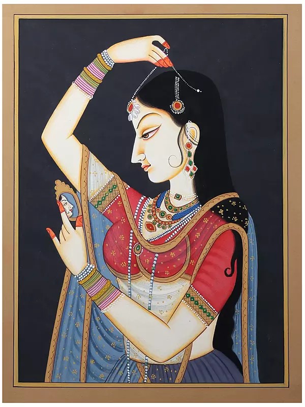Lady Adorning Herself | Classic Rajput Style Painting | Watercolor on Paper