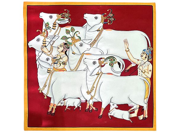 Villagers Walking With Cows and Calfs | Pichhwai Art