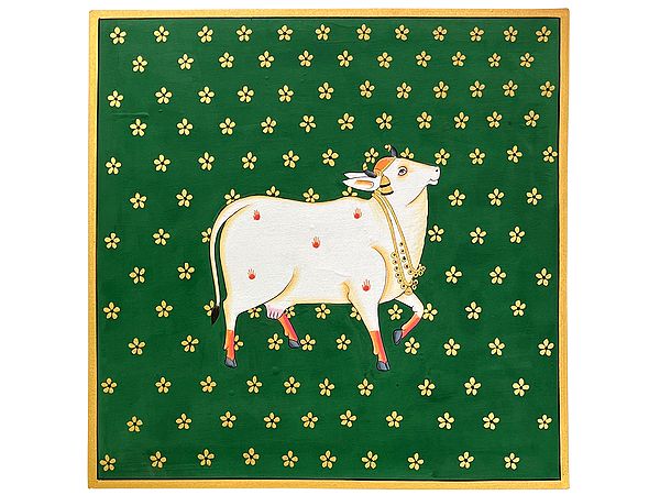 Beautiful Cow In Green Background | Pichhwai Art